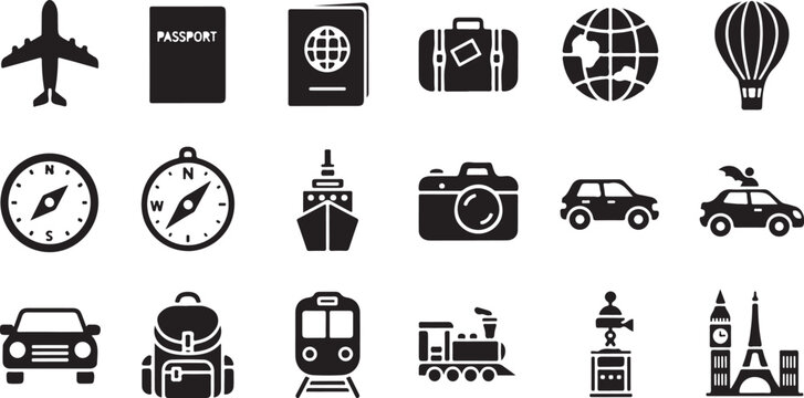 Travel icons, black vector set, 20 symbols, transportation and tourism
