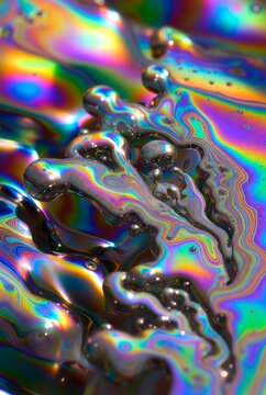 Sfondo astratto olografico con fluido iridescente, bolle e riflessi metallici