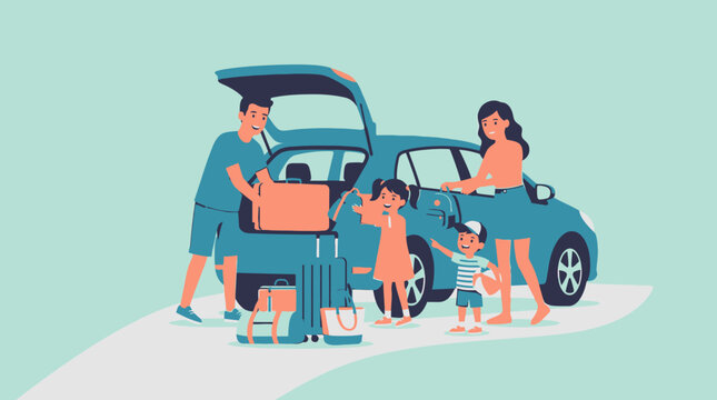 Family packing car for road trip vacation travel