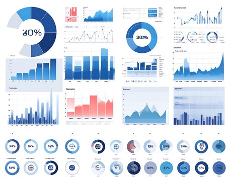 A collection of various blue and red infographic elements, including charts, graphs, and icons