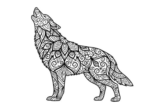 Black wolf howling in floral pattern