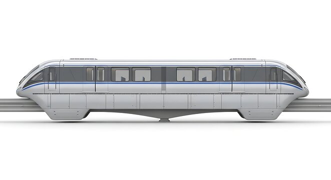 Modern monorail train on elevated track side view isolated on white background