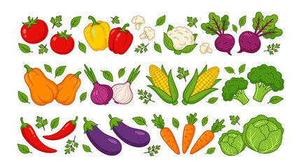 Fototapeta premium Cartoon vegetable set with tomatoes peppers corn and cabbage