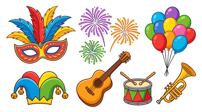 Colorful carnival party icons with mask balloons fireworks and music