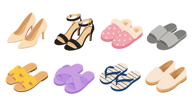 Set of assorted women footwear icons on white background