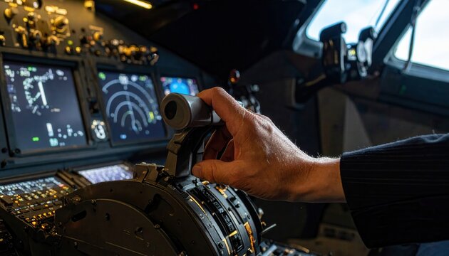 Close-up of a hand expertly adjusting the flight simulator throttle controls within a detailed aircraft cockpit.