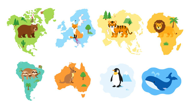 World map with animals on continent shaped vector icons