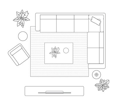 Living Room Furniture Top View Architectural  CAD Drawing Outline Illustration isolate white background . 