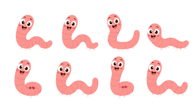 Set of cute pink cartoon worms in different poses