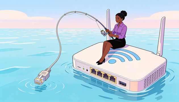 Illustrative Style: Businesswoman Fishing for Internet Connection with Ethernet Cable in Ocean while Sitting on a Floating Router