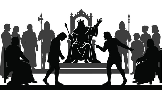 Detailed black and white vector illustration showing a medieval king sitting on his throne while surrounded by loyal knights and subjects during an intense and dramatic royal courtroom trial scene