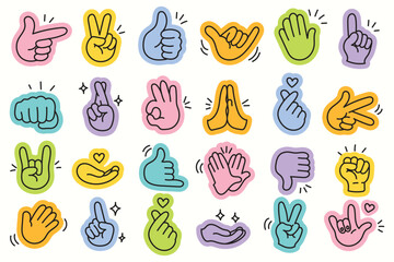 Mega set of hand drawn vector illustration in hand drawn doodle style, colorful mascot character hands showing positive gestures, cartoon sticker pack with thumbs up, peace sign and more