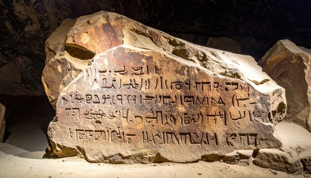 Close-up detailed view of an ancient rock cut inscription featuring proto Sinaitic script carved into stone