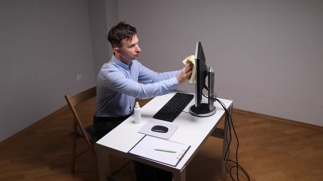 Person disinfecting office workspace, spraying keyboard and wiping down the monitor with a cloth, maintaining hygiene and sanitation for health and safety