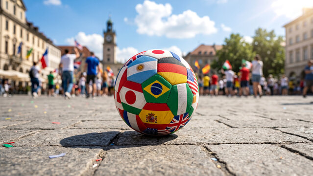 Soccer Ball with World Flags in Public Square
