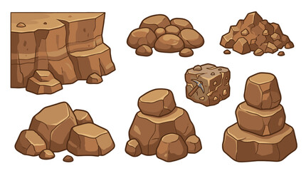 Cartoon rock and cliff set with stone piles and ore block © icon_art
