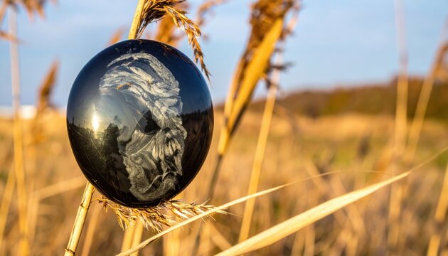 Intact Highly Polished Obsidian Mirror Resting Among Dry Reeds Reflecting an Ancient Face.