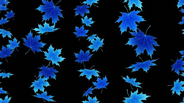 Seamless pattern of vibrant blue maple leaves scattered against a solid black background, creating a floating botanical effect with varied leaf sizes and orientations