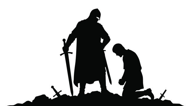 Vector illustration depicting a noble medieval knight standing tall with a sharp sword while a humble servant kneels before him in a dramatic display of loyalty honor and ancient tradition