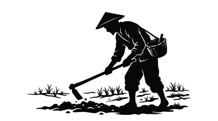 Black and white vector graphic illustration depicting a traditional asian farmer wearing a conical hat while working the soil with a handheld hoe in a minimalist flat artistic design style. © Umair Ch