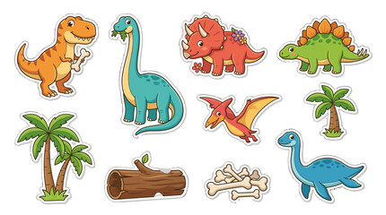 Cute cartoon dinosaur sticker set with palm trees and bones © icon_art