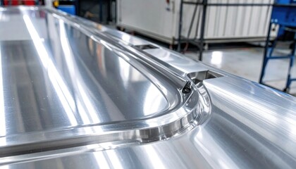 Fototapeta premium Highly Polished Chromium Plated Metal Surface Reflecting Distorted Light Patterns in an Industrial Setting