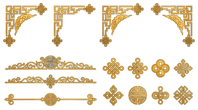 Golden ornamental border corners and knot pattern set