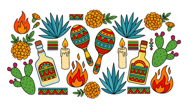 Colorful festive vector set with maracas, cactus, tequila bottles