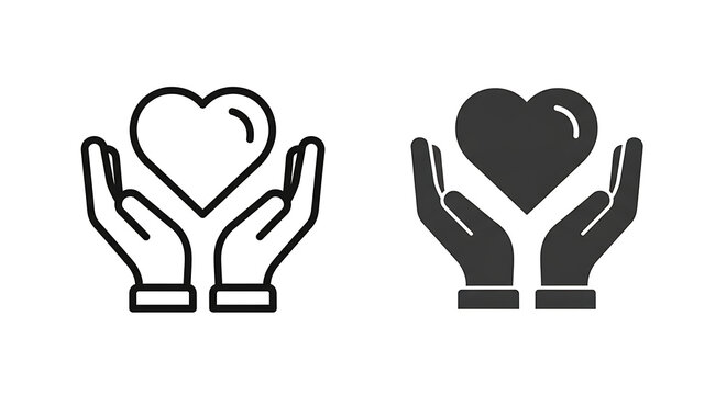 Hands holding heart icon set in outline and solid styles with donation protection kindness wellness charitable sympathy partnership together foundation