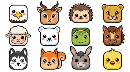 Fototapeta premium Cute cartoon animal face icon set with twelve square avatars
