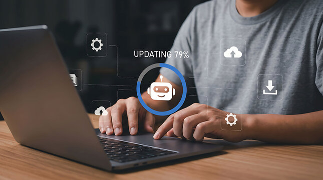 AI Software Update Progress on Laptop with Cloud Sync Technology