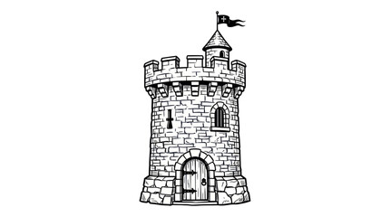 Medieval Castle Tower with Flag and Crenellations, Stone Fortress Illustration © budi