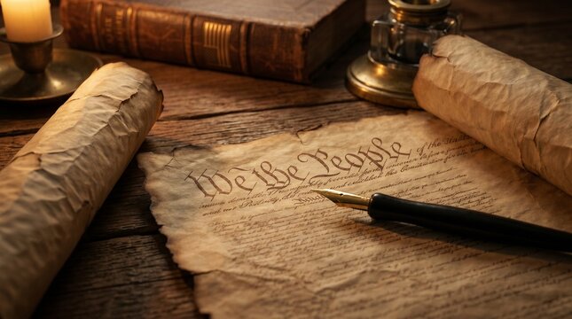 A close-up shot of historical documents, including a scroll with the words We the People and an old book, illuminated by candlelight