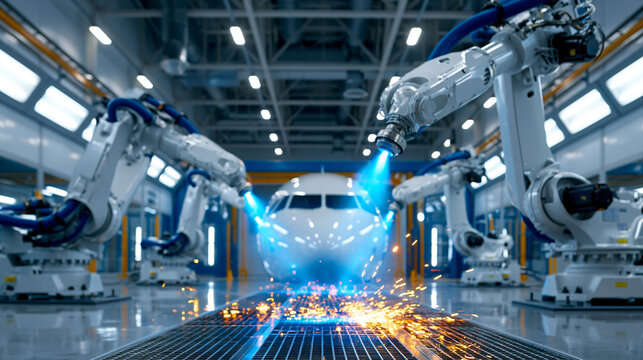 Modern heavy industrial paint facility for aviation components. Pristine, unbranded robotic arms smoothly applying brilliant, flawless paint to a generic fuselage section inside a