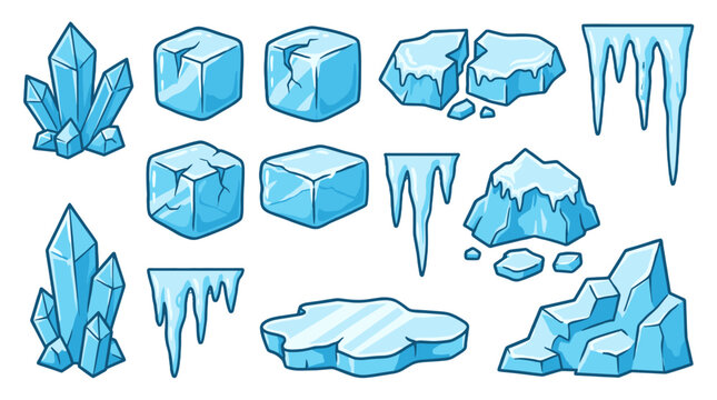 Cartoon ice crystals, blocks, icicles and frozen rock set