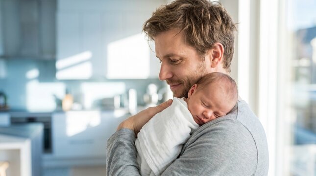 A father tenderly holding his newborn baby, the infant asleep on his shoulder, with soft sunlight streaming into the room
