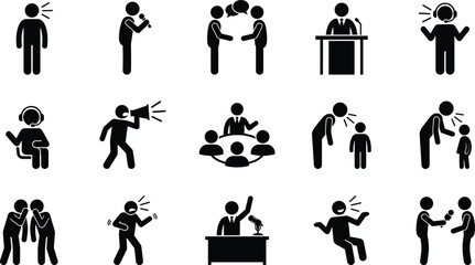 Obraz premium Set of 15 black and white communication and public speaking icons