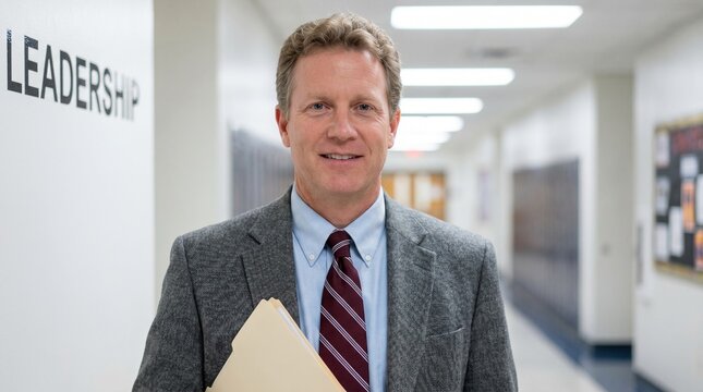 A confident man, possibly a school administrator or teacher, stands in a hallway with LEADERSHIP visible on the wall. He holds a file and smiles at the camera.