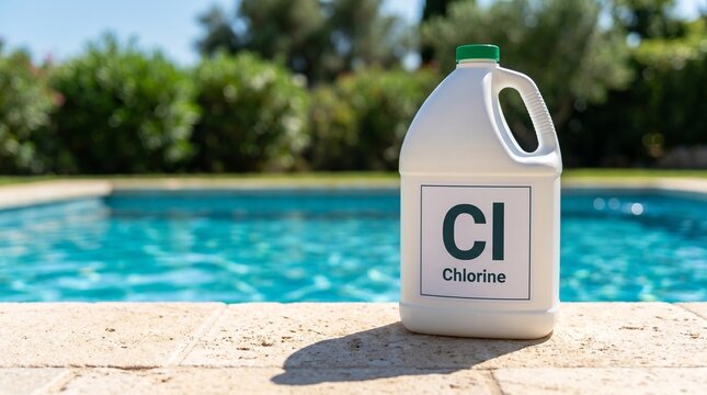 A bottle of chlorine stands by a shimmering blue swimming pool on a sunny day