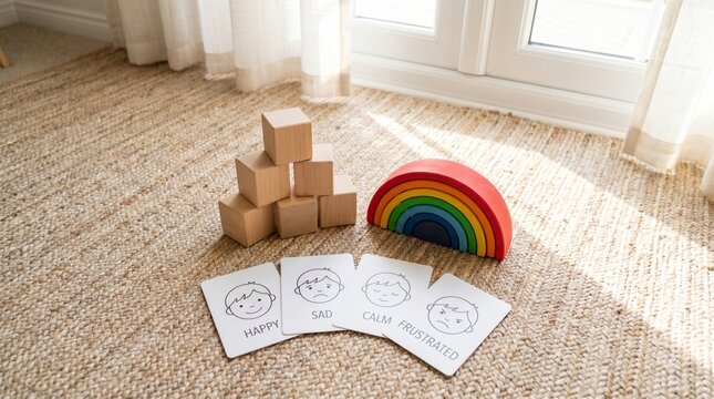 Montessori learning materials for children's emotional development, including blocks, a rainbow stacker, and emotion cards depicting happy, sad, calm, and excited faces