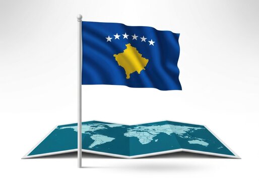 Flag of kosovo waving on a flagpole above a folded world map