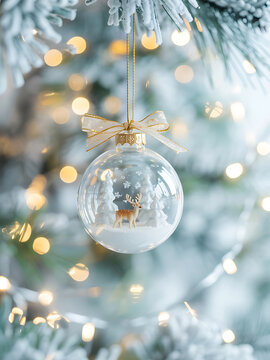 A transparent christmas ornament with a golden bow hanging on a snowy tree branch with lights and a small reindeer inside the ornament