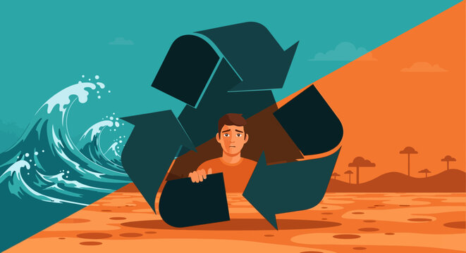 A man is caught in a difficult environmental dilemma, symbolizing the urgent need for recycling and sustainable practices amidst climate change challenges.