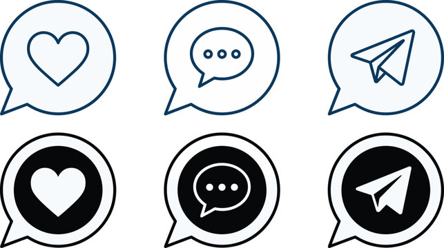 Social Media Chat Bubble Icons with Heart, Message and Send Symbols for Communication Design