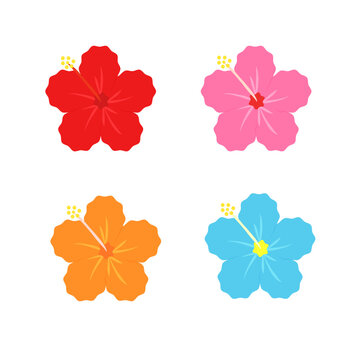 赤とピンクとオレンジと青のハイビスカスのイラストセット　沖縄・夏の花