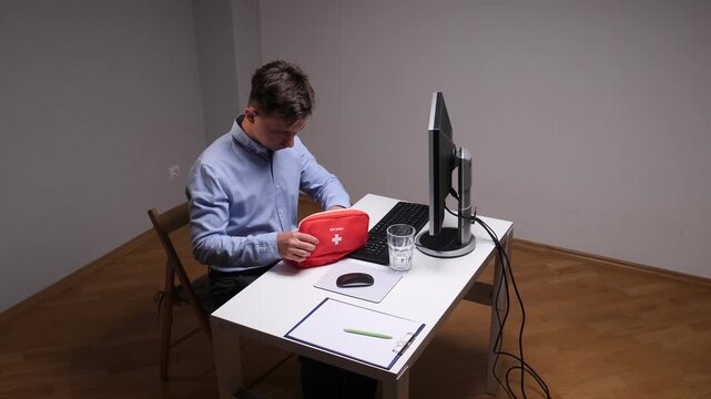 Man at office desk reaching into a first aid kit for pills while working on computer, managing headache or illness during a busy workday in a modern corporate workspace