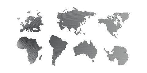 World Continents Map Silhouettes Halftone Dot Pattern Set Including Africa Asia Europe North America South America Australia Antarctica Vector EPS © Precision 10K
