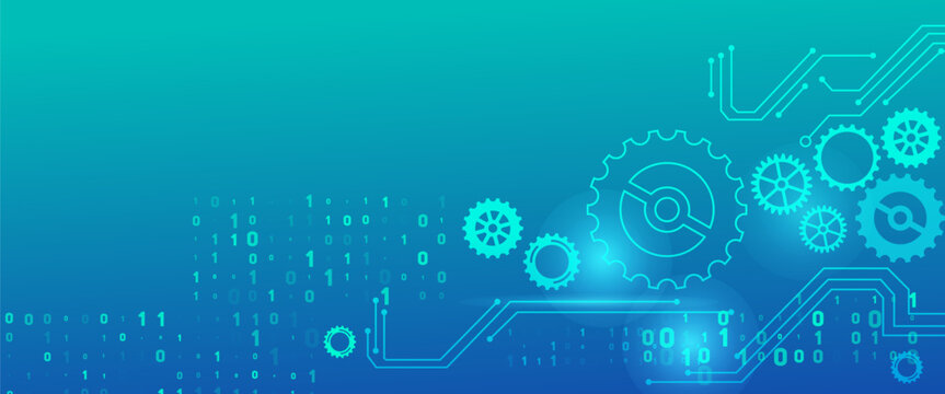 Abstract technology background with binary code 0, 1, gears, and circuit board lines for digital data, engineering, and innovative systems. Blue gradient.