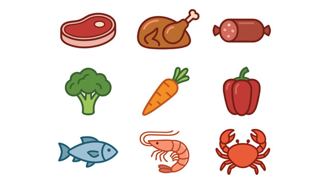 Set of meat seafood and vegetable food icons in flat style
