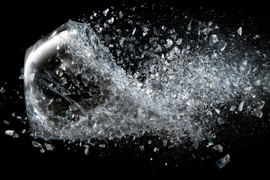 Explosion of Ice: A dynamic close-up captures the moment an ice cube shatters, sending fragments flying outwards in a spectacular display of frozen water's disintegration.